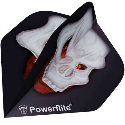 Close-up angled view of dart flight with 3D skull design, highlighting sturdy fold and detailed graphics for dart players