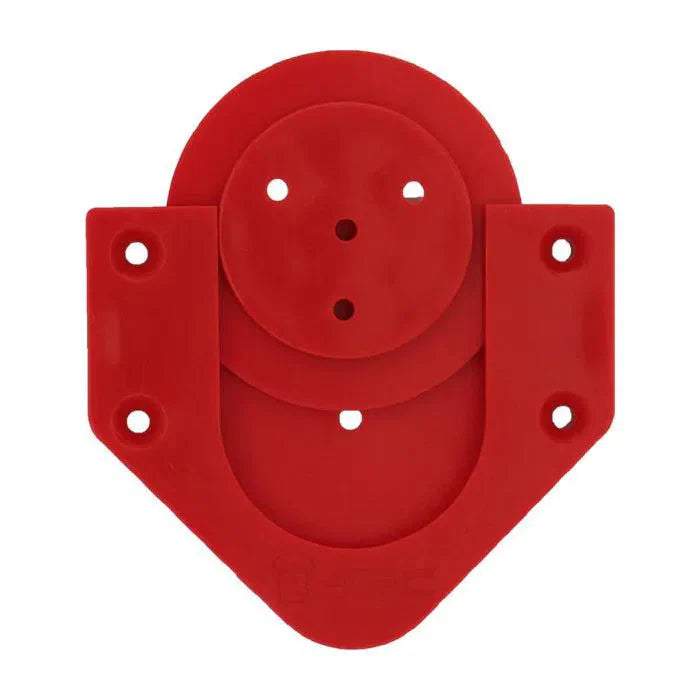 Red dartboard mounting bracket kit top-down view, isolated on white, showing pre-drilled holes for secure dartboard setup