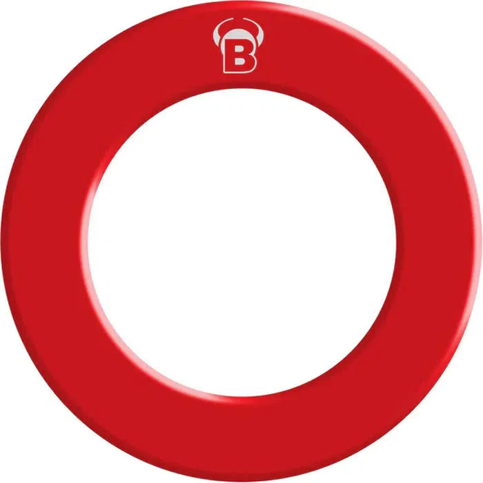 Red dartboard surround ring top-down full view on white background, highlighting thick PU construction for wall protection