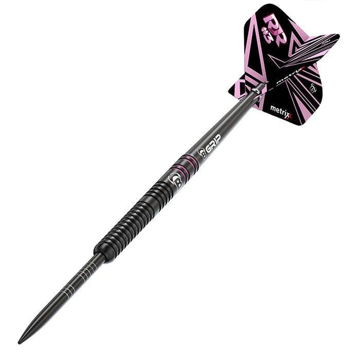 Angled view of 90% tungsten dart with black ringed grip, pink accents, and geometric flight, isolated on white background