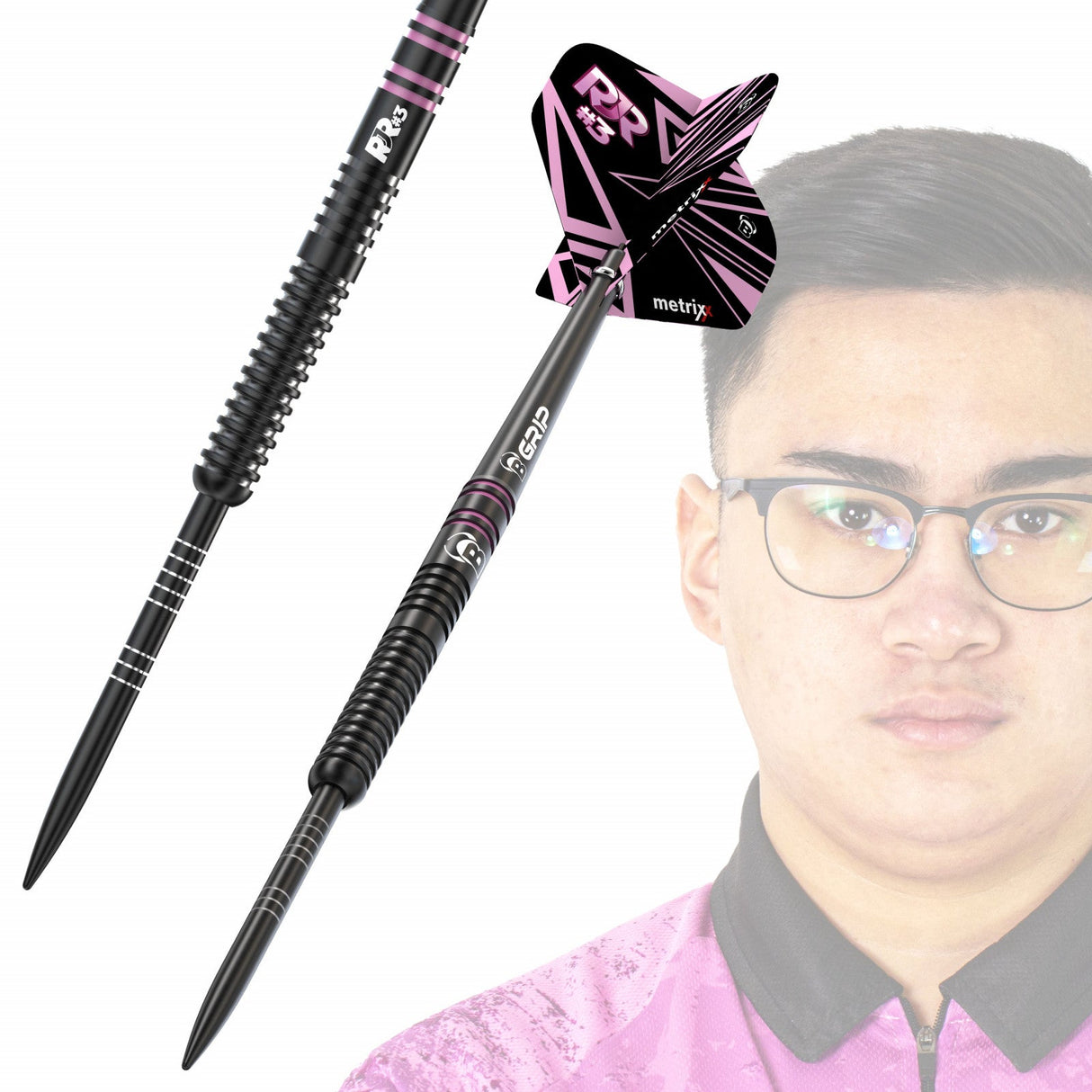 90% tungsten darts with black and purple rings, textured grip zones, and geometric flights, angled view with player background