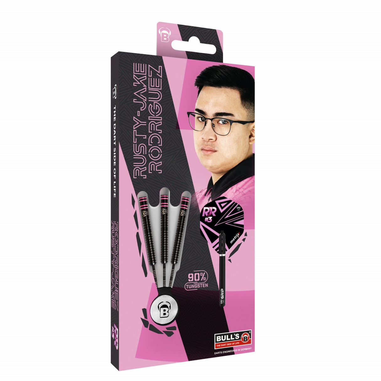 Angled package view of 90% tungsten darts set with three barrels, black-pink flights, grip zones, and professional player branding.