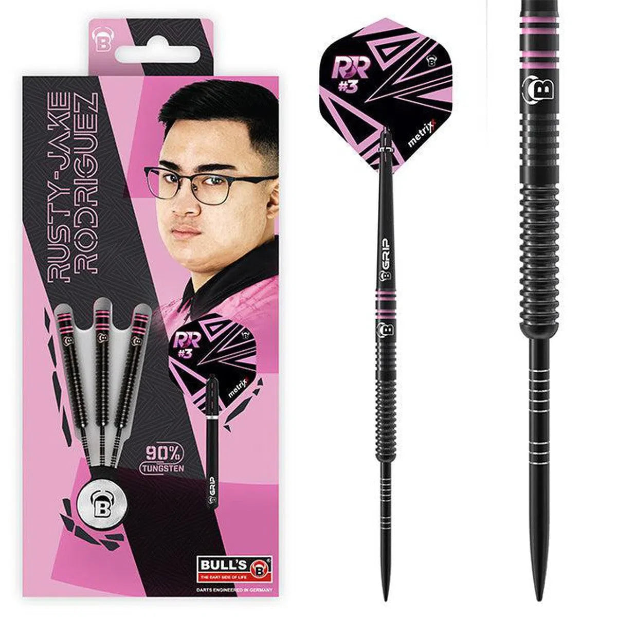 Rusty-Jake Rodriguez 90% tungsten darts set in retail packaging plus close-up of black barrel grip texture and pink geometric flights