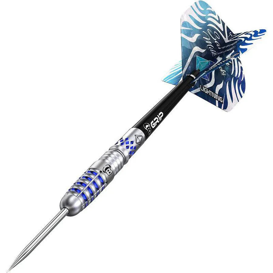 Angled view of 90% tungsten dart with textured silver barrel, blue accents, B-Grip shaft, and custom Sarah Milkowski lightning flight
