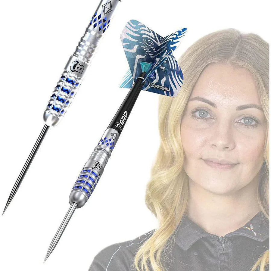 Angled close-up of two tungsten darts highlighting precision grip texture and blue flights, isolated on white with player portrait overlay.