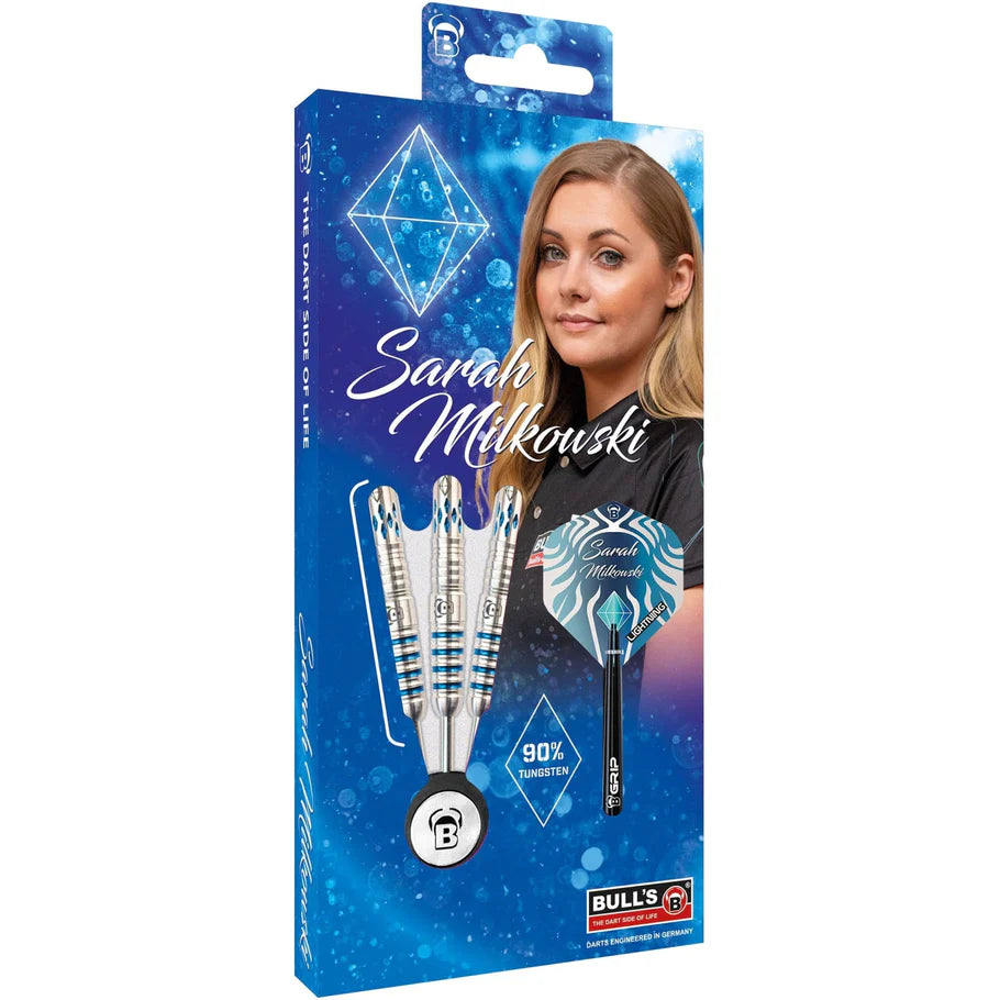 Angled retail packaging of 90% tungsten darts with barrel grip detail and player-themed flight design visible in display