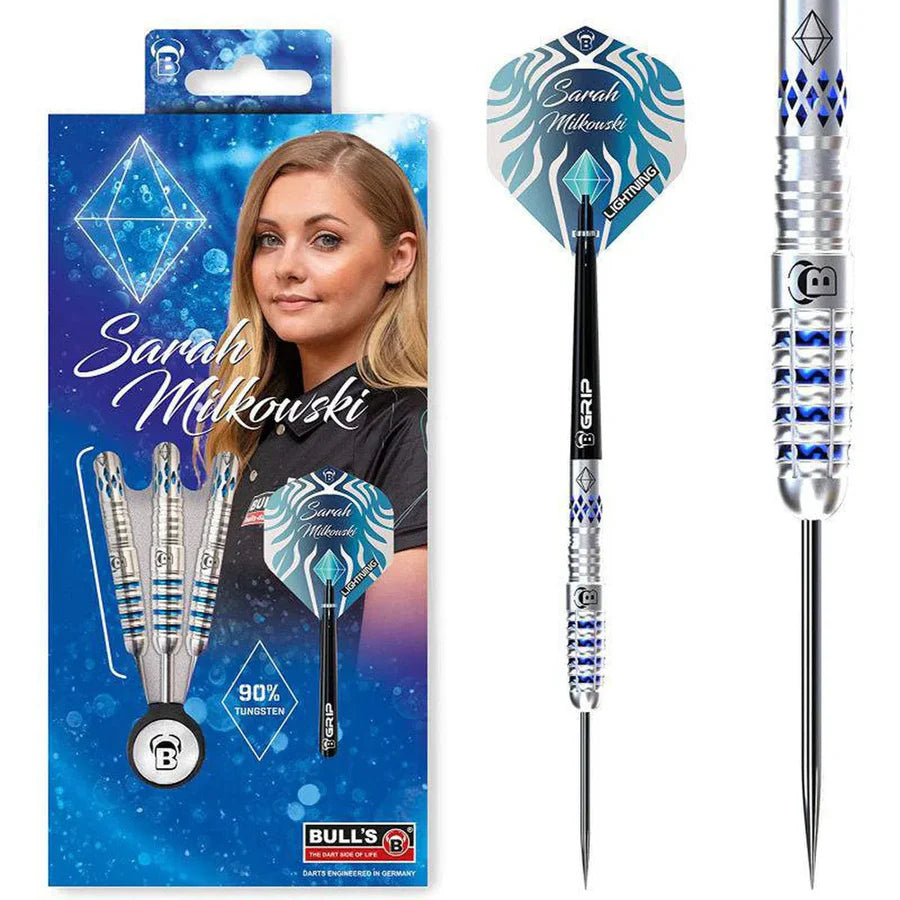 Sarah Milkowski 90% tungsten darts set in retail packaging with close-up of one dart showing blue grip rings and custom flights