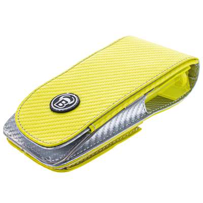 Angled view of yellow PU darts case with carbon fiber texture, closed and isolated on white background, ideal for dart storage
