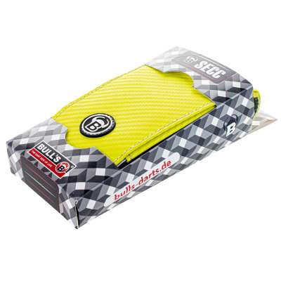 Yellow darts wallet in retail box, angled view showing textured PU material and compact case for dart accessories