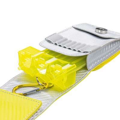 Angled close-up of darts wallet with yellow dart holders, inner compartments, carabiner clip, and secure snap closure for dart equipment storage