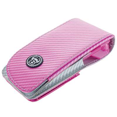 pink darts case with carbon fiber texture and secure clasp, angled view, ideal for dart storage and protection