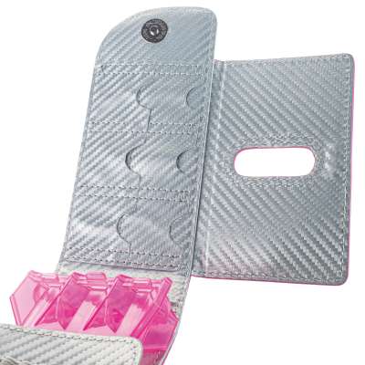 Open silver darts case with pink dart holders, multiple inner compartments, textured PU material, isolated on white