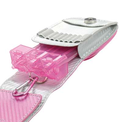 Angled close-up of open darts case with pink transparent dart holders, PU material, snap closure, and organized storage slots