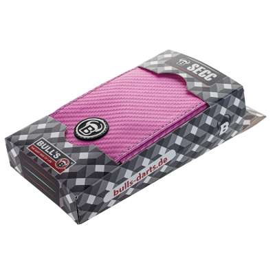 Pink dart wallet in retail packaging, angled view showing textured PU surface and logo, ideal for dart storage