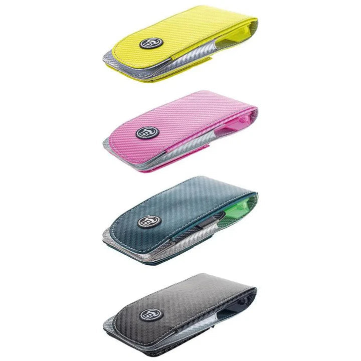 Four PU dart cases in yellow, pink, blue, and black, angled view on white background, showing texture and color variety for dart storage.