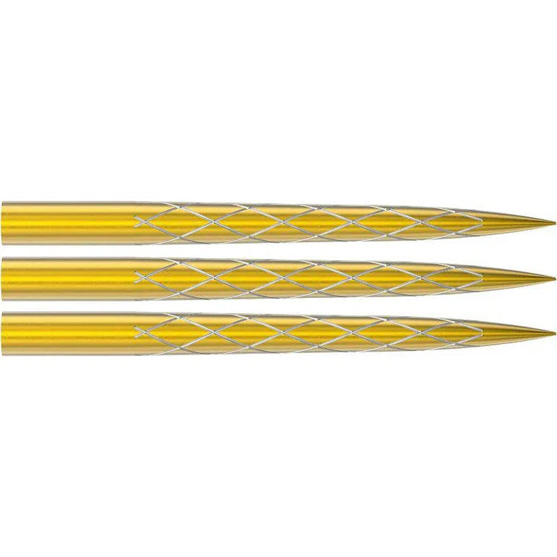 Three gold dart points with etched grip pattern arranged side by side on white background, full view for darts equipment