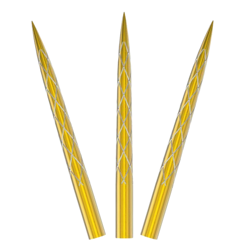 Three gold dart points with etched grip pattern, fanned arrangement, isolated on white background for darts accessories