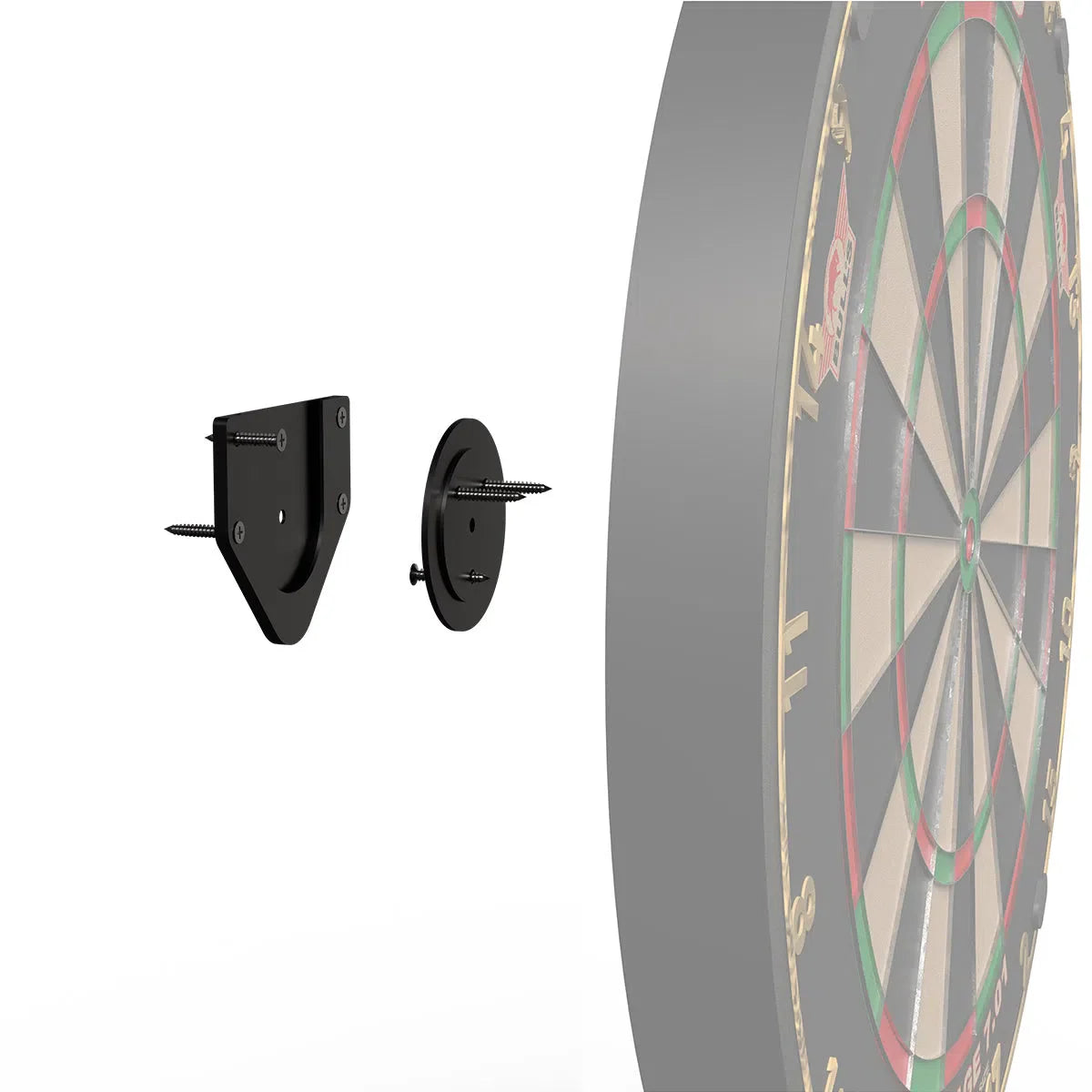 side perspective of dartboard mounting kit with hardware and screws next to edge of professional sisal dartboard