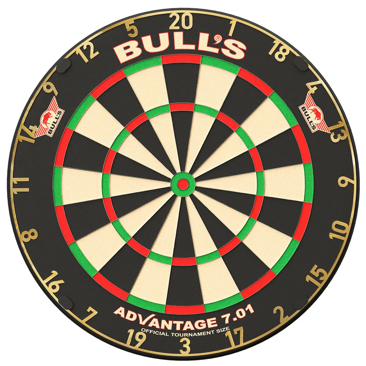 Tournament size dartboard full view with clear segmented scoring zones, sharp numbering, and vibrant double and bullseye rings