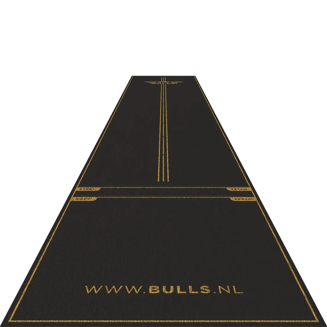Full length angled view of darts mat on white background with throw lines, oche markings, and textured carpet surface