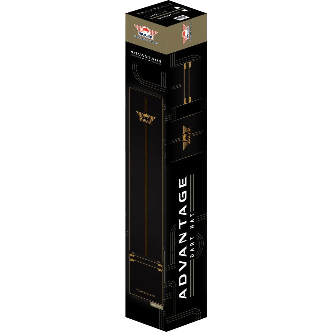 Angled view of Advantage Carpet Darts Mat retail box, packaging showcases mat design and key dart mat features for buyers