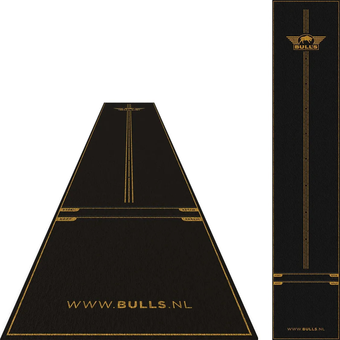 Angled and top-down views of darts mat with yellow throw lines, clear oche markings, measurement guides, isolated on white background