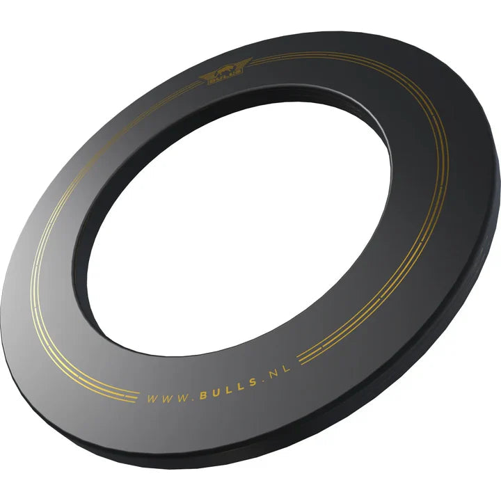 angled view of black gold printed dartboard surround ring, single piece, isolated on white for darts protection