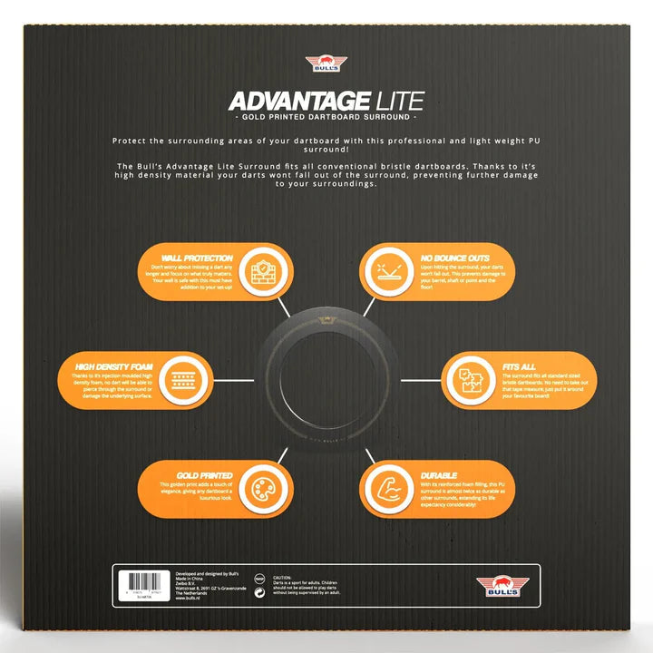 Back of dartboard surround retail packaging, infographic display of key features like high density foam, gold print, wall protection