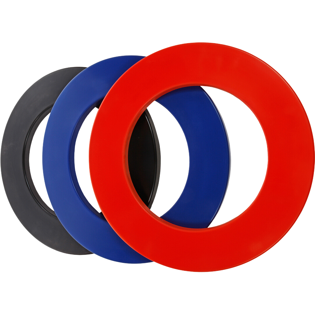 Angled view of three dartboard surrounds in black, blue, and red, rubber rings for dartboard protection, isolated on white background