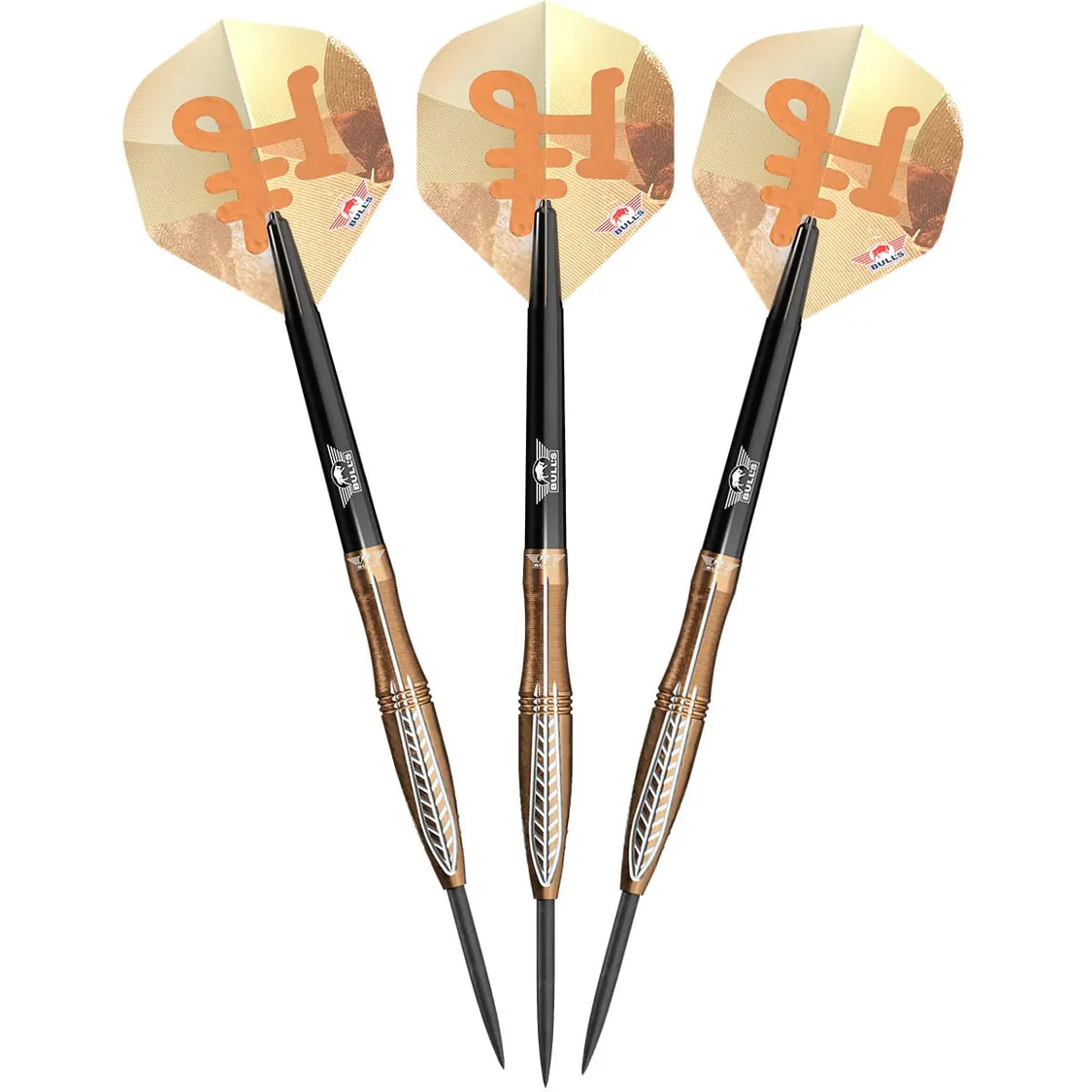Three 90% tungsten darts with bronze barrels and patterned flights, arranged upright on white background for full product display
