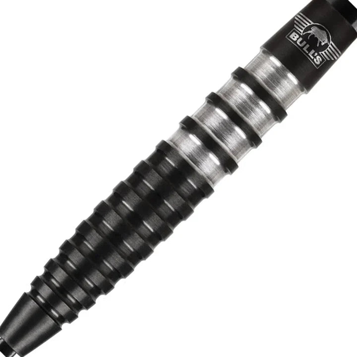 Close-up of Lightning Black 90% tungsten dart barrel with precision ringed grip and black-silver finish, isolated on white
