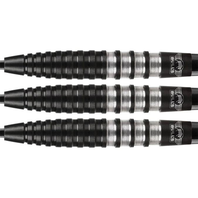 Close-up of three 90% tungsten dart barrels with precision ring grip and black-silver finish, ideal for enhanced dart control.