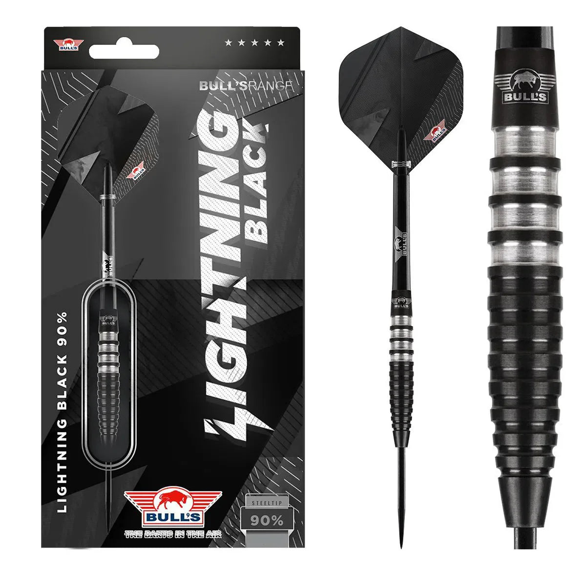Steel tip tungsten dart set in retail packaging with close-up of black grooved barrel grip and black flight, isolated on white