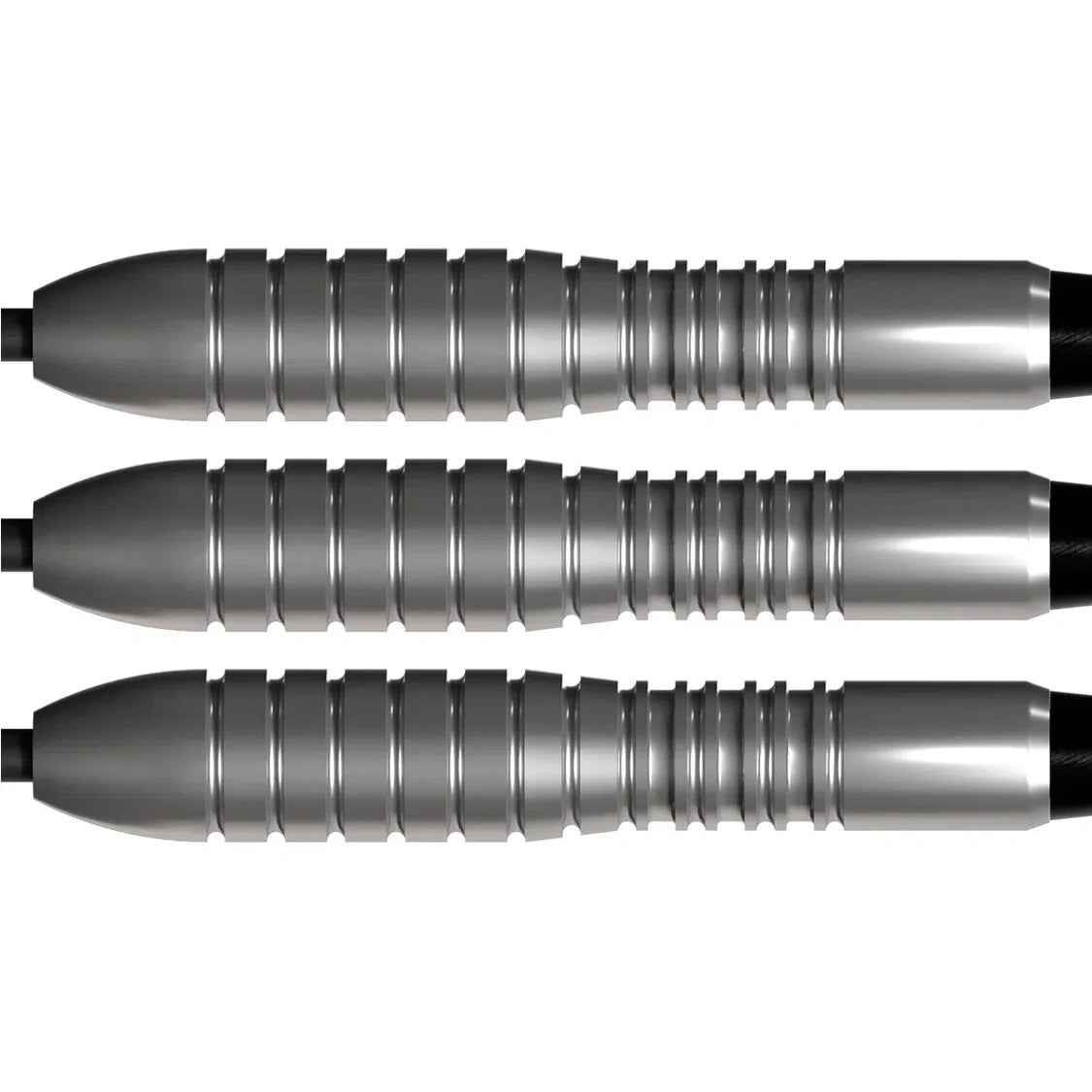 Close-up of three tungsten dart barrels with detailed grip grooves, aligned side by side on white background