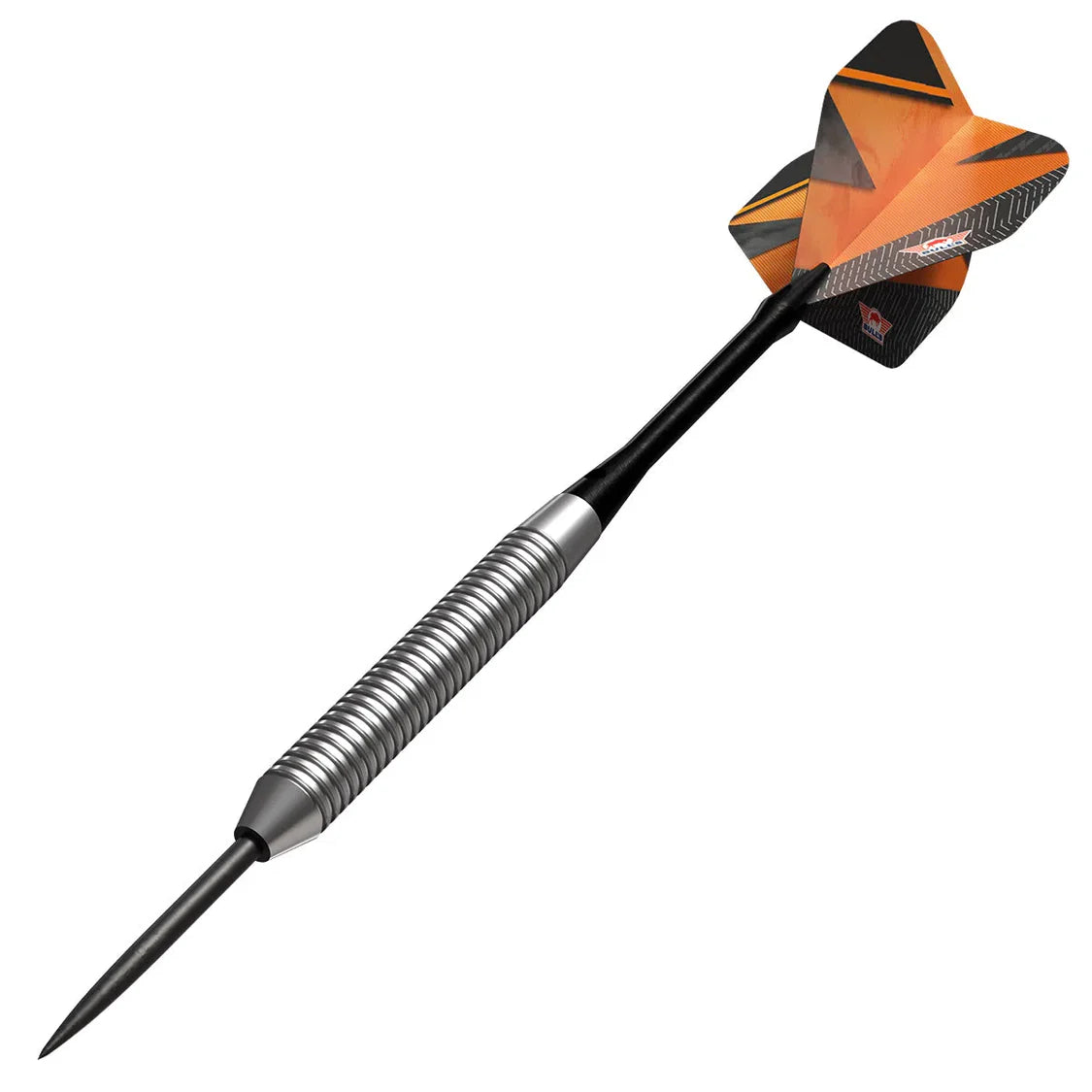 Angled view of Lightning Orange tungsten dart with grooved barrel and vibrant orange flight, isolated on white