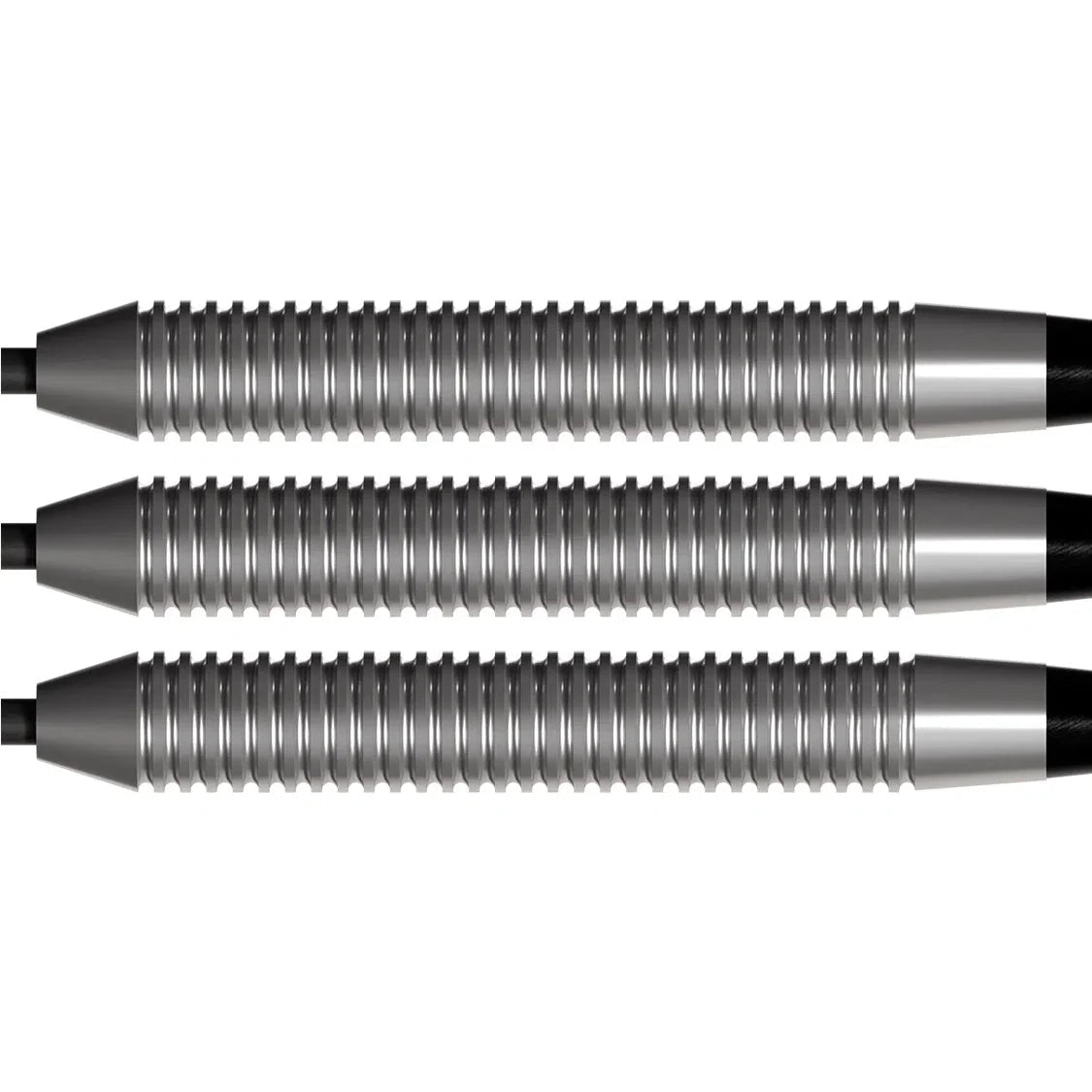 Close-up of three tungsten dart barrels with ringed grip texture, detailed barrel machining, isolated on white background