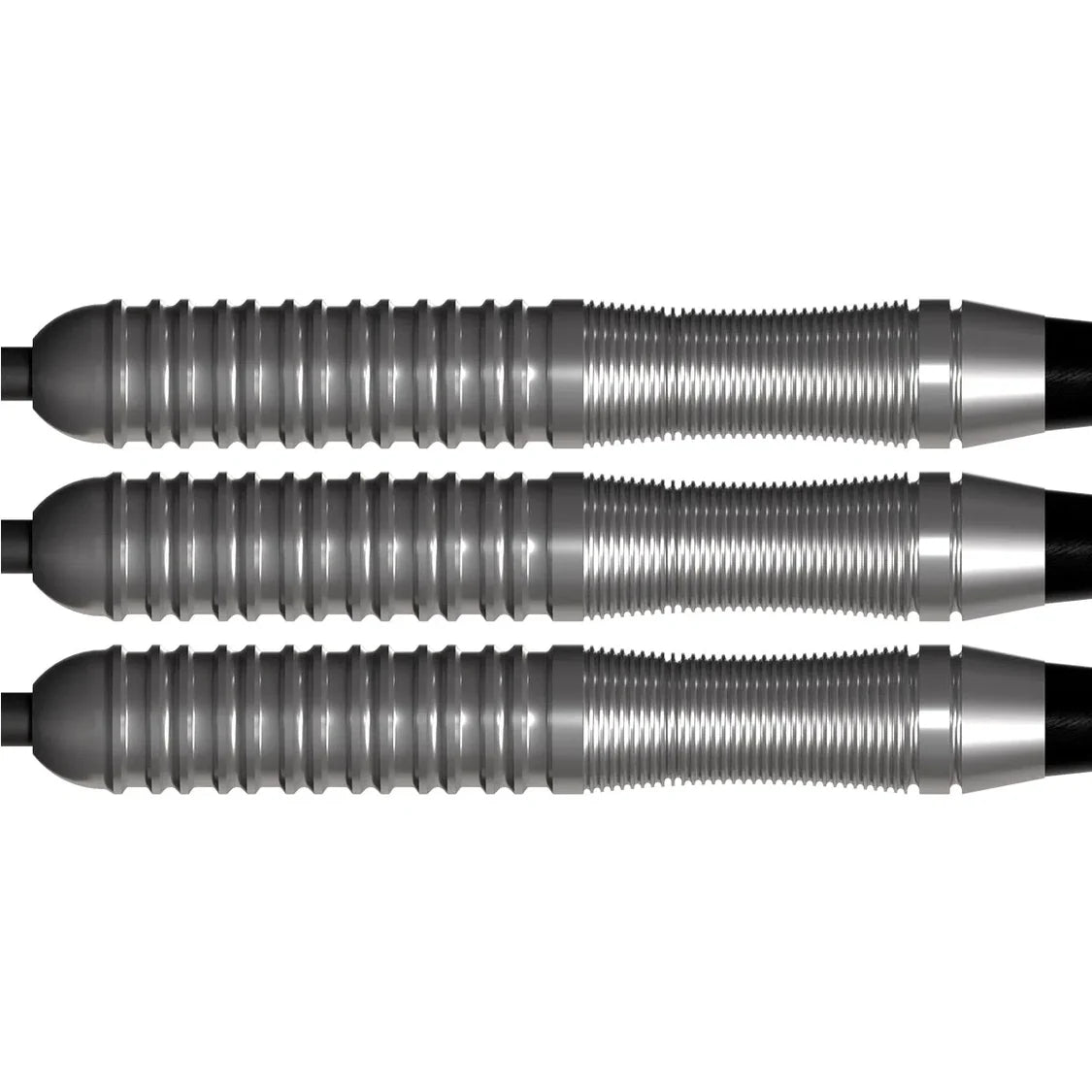Close-up of three 80% tungsten dart barrels with detailed ringed grip texture, side view, isolated on white background