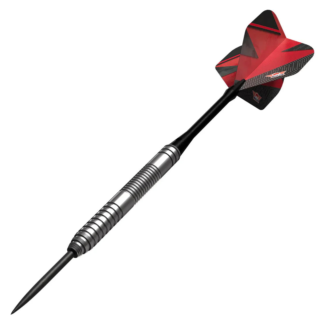 Angled view of Lightning Red tungsten dart with precision grip barrel and red-black flights on white background