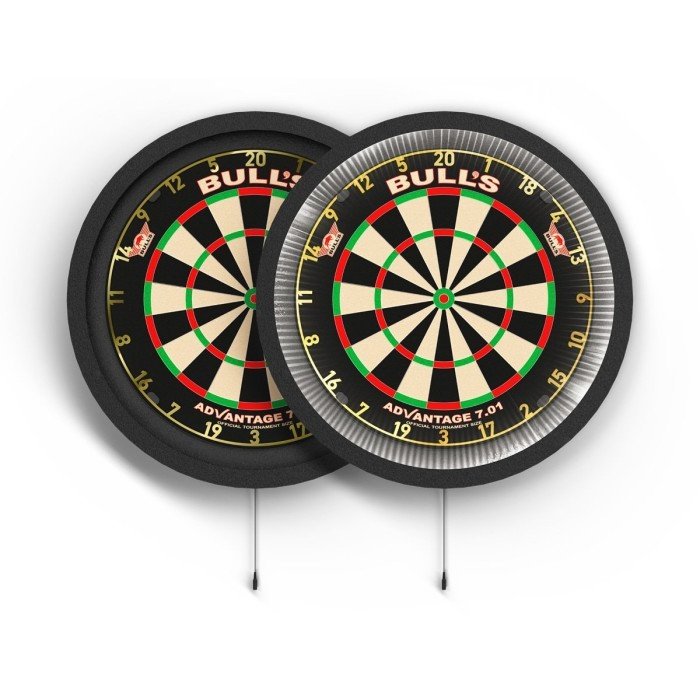 Dartboard lighting surrounds comparison, full view of two dartboards with illuminated and standard rings, isolated on white background