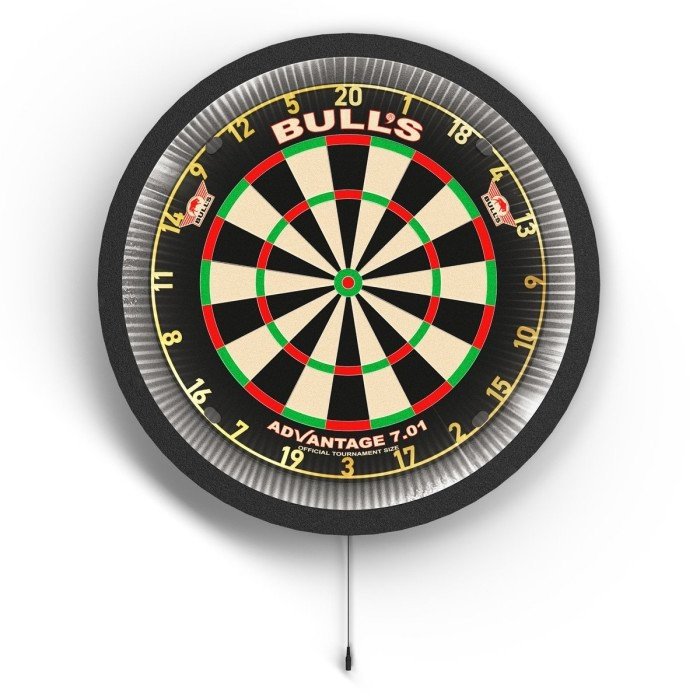 Top-down view of dartboard with integrated Lumo 2 LED lighting surround and power cord, isolated for dart setup display