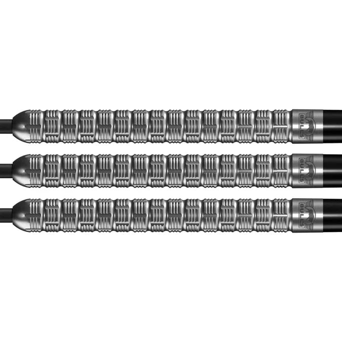 Close-up of three 90% tungsten dart barrels with precision grip rings and detailed knurling for enhanced dart control