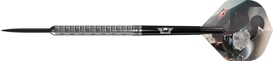 Full-length tungsten dart isolated on white, detailed barrel grip and custom flight, ideal for dart equipment buyers