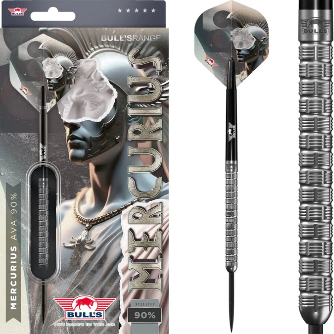 Steel tip tungsten dart in retail packaging, single dart isolated, and close-up of precision ring grip barrel
