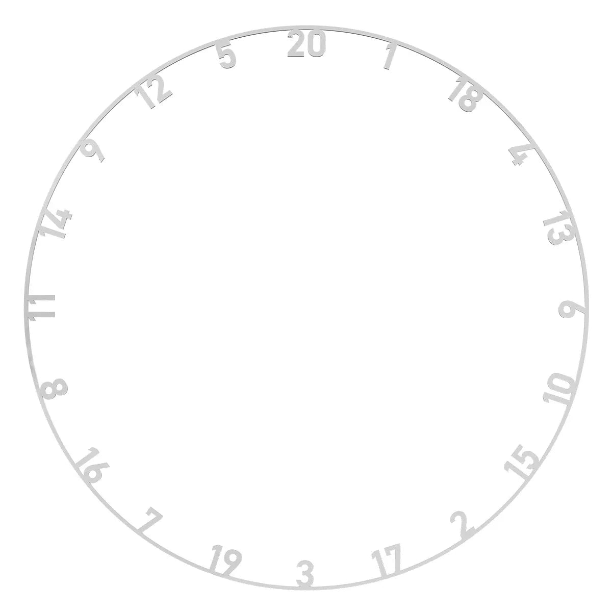 Silver metal dartboard number ring full view isolated on white background, highlighting cut-out numbers for easy dartboard scoring