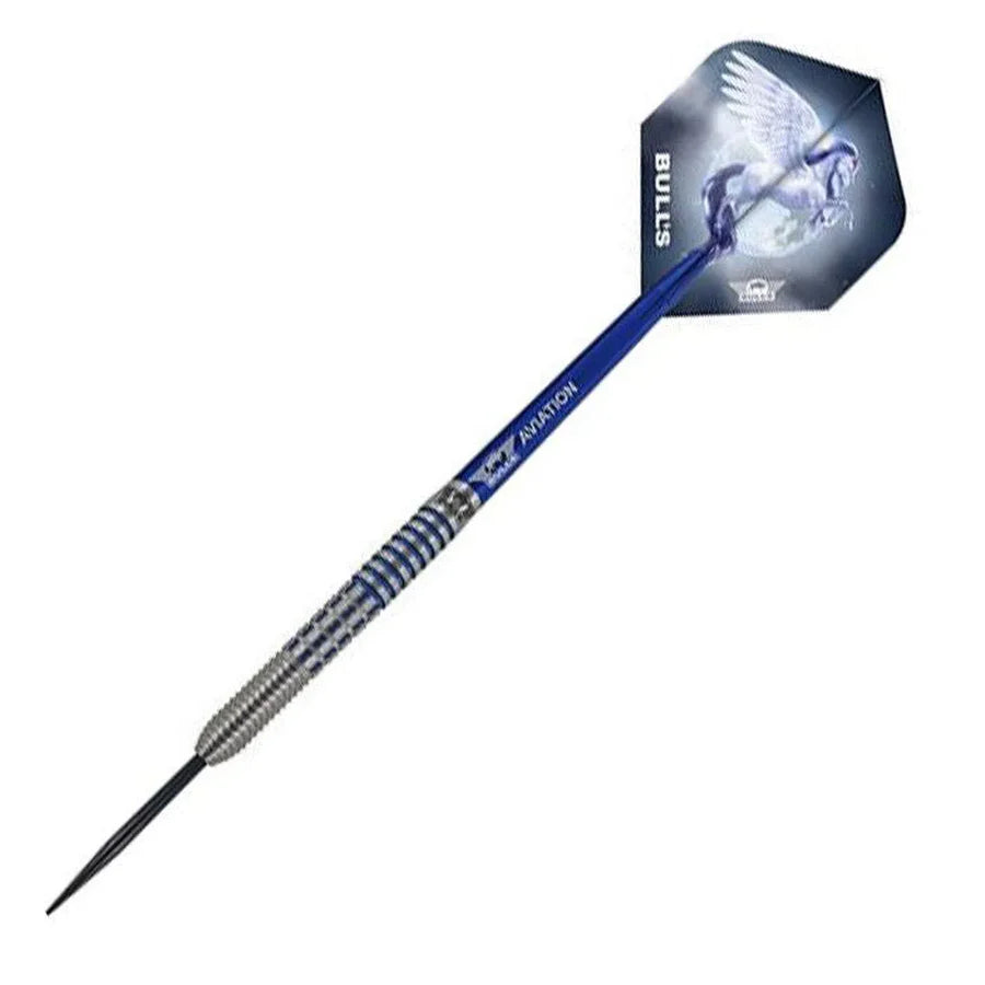 Full view tungsten dart with precision grip barrel, blue shaft, and Pegasus flight on white background