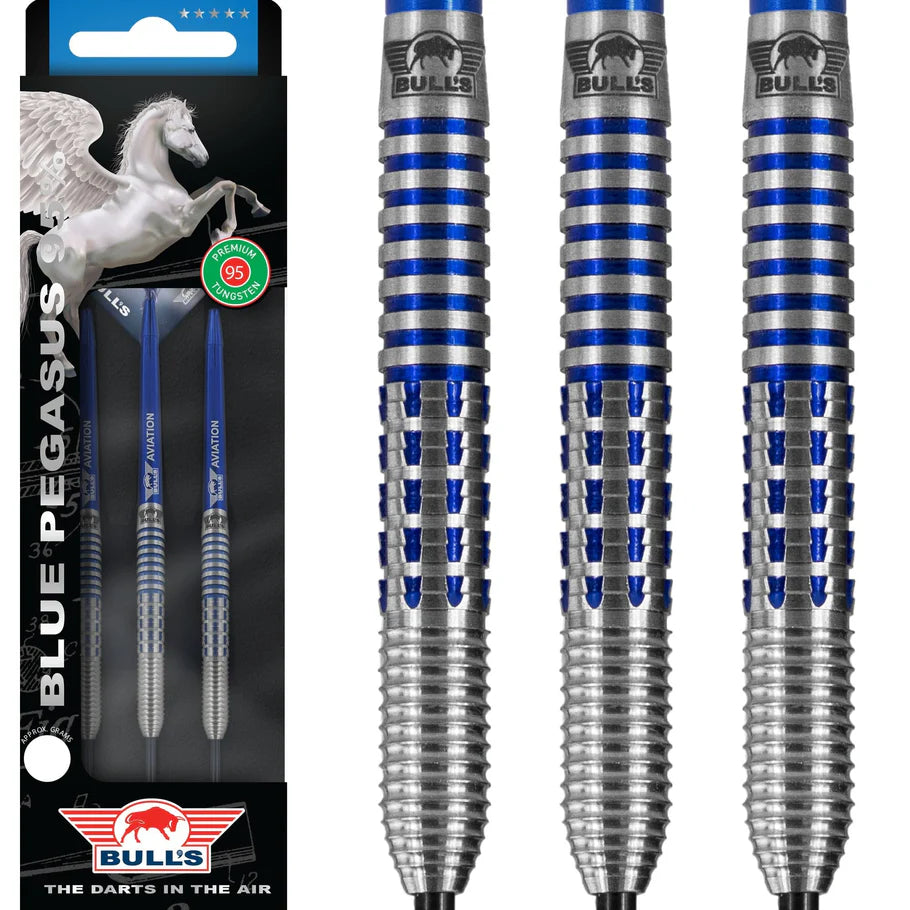 Close-up of three 95% tungsten darts with blue ringed grip, beside retail packaging, showcasing barrel texture and premium dart design