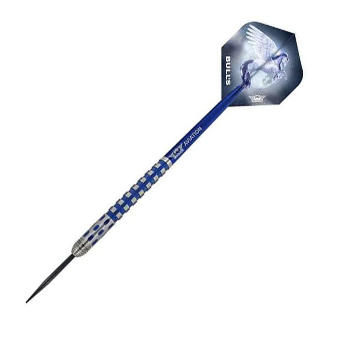 95% tungsten dart with blue grooved barrel, precision tip, and Pegasus-themed flight on white background