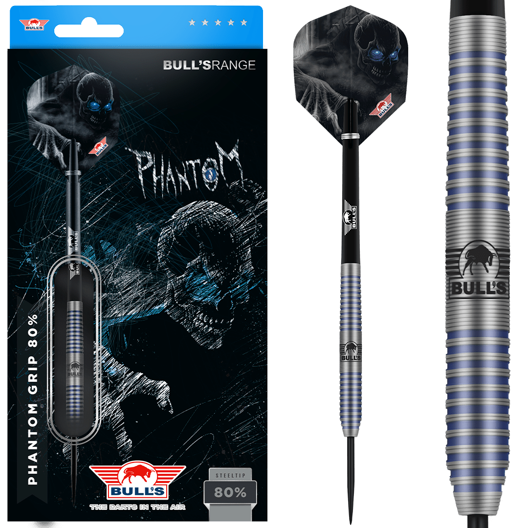 Steel tip dart with blue ringed 80% tungsten grip in close-up, next to retail packaging and skull graphic flight design.