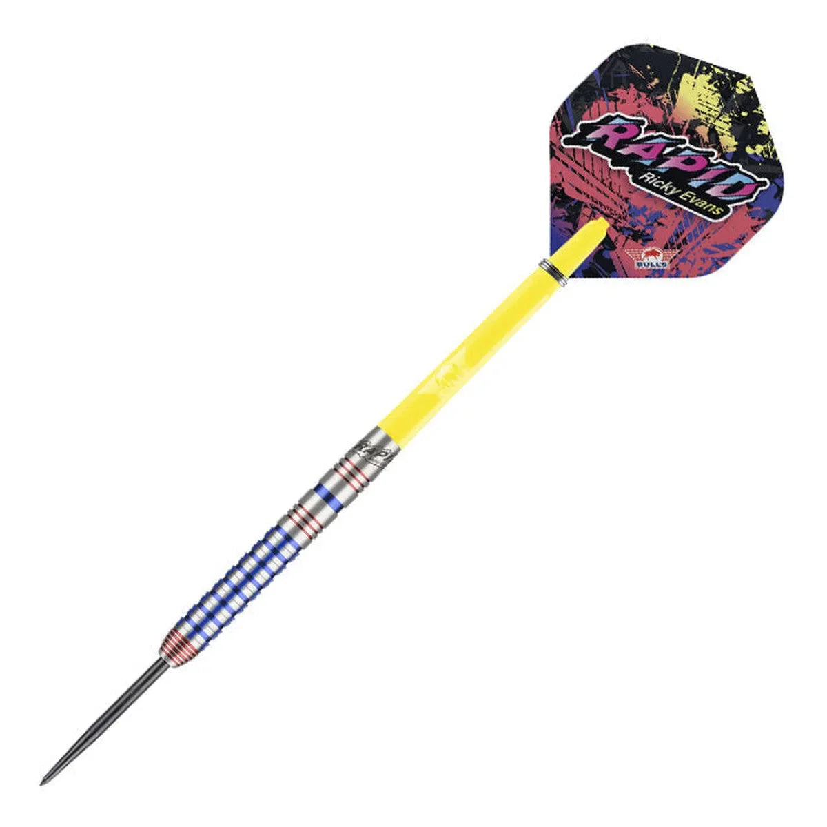 Single tungsten dart with blue and red grooved grip, yellow shaft, and Rapid Ricky Evans graphic flight on white background