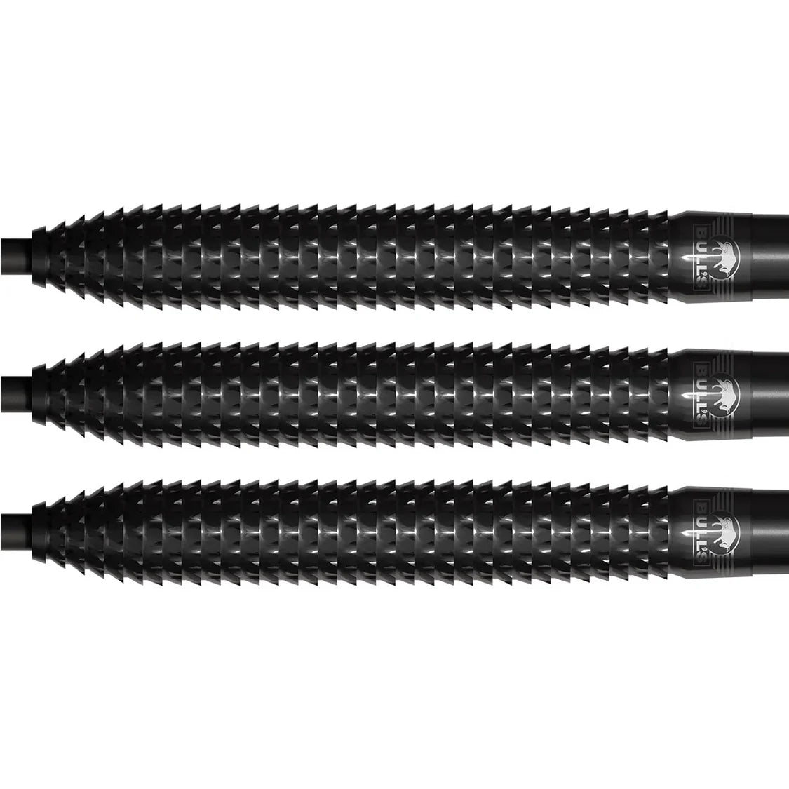 Close-up of three black tungsten dart barrels with sharp shark grip texture, isolated on white for dart players